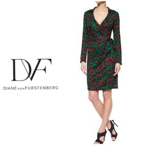 Diane Von Furstenberg Leopard Savanna Silk Wrap Dress Green Rust Navy Size 8